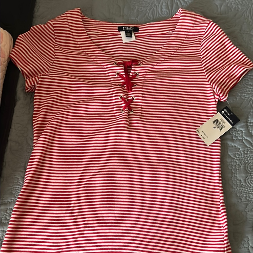 Chaps Red and White Tie Front Fitted T-Shirt